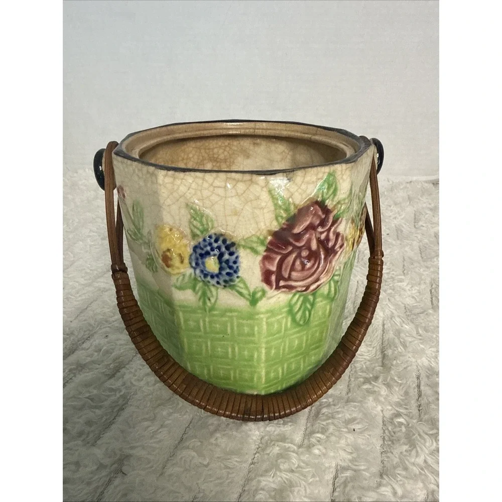Vintage Handpainted Ceramic Cracker Biscuit Jar Rattan Basketweave Cottagecore